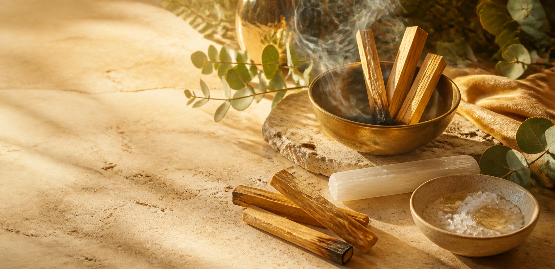 Attīrīšanas rituāla kompozīcija ar Palo Santo kociņiem un selenītu