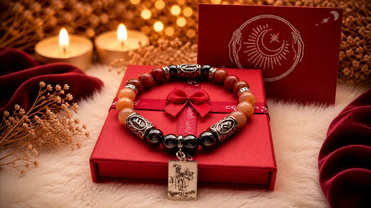 Roku darināts talismans dāvanas kastītē ar pilnībā redzamu taro piekariņu