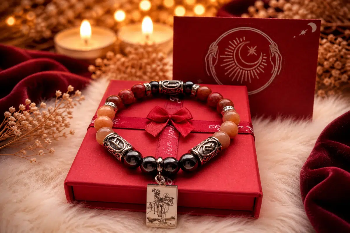 Roku darināts talismans ar sarkanu aploksni un debesu simbolu